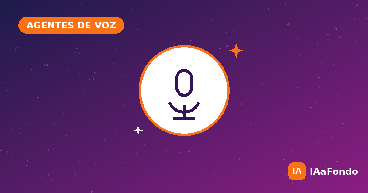 Icono de micrófono morado sobre fondo degradado índigo y violeta con la etiqueta AGENTES DE VOZ, ilustrando un artículo sobre agentes de voz conversacionales de ElevenLabs