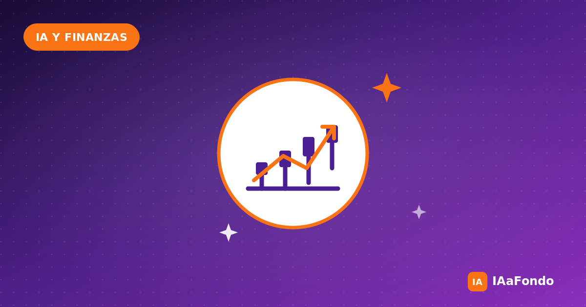 Icono de gráfico bursátil ascendente sobre fondo degradado índigo y violeta con la etiqueta IA Y FINANZAS, ilustrando una guía de IA para analizar acciones en 2026