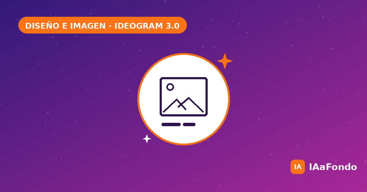 Ideogram 3.0 texto en imágenes: icono de foto con texto legible dentro de un círculo blanco con borde naranja, sobre fondo degradado morado y violeta, con el logo de IAaFondo.